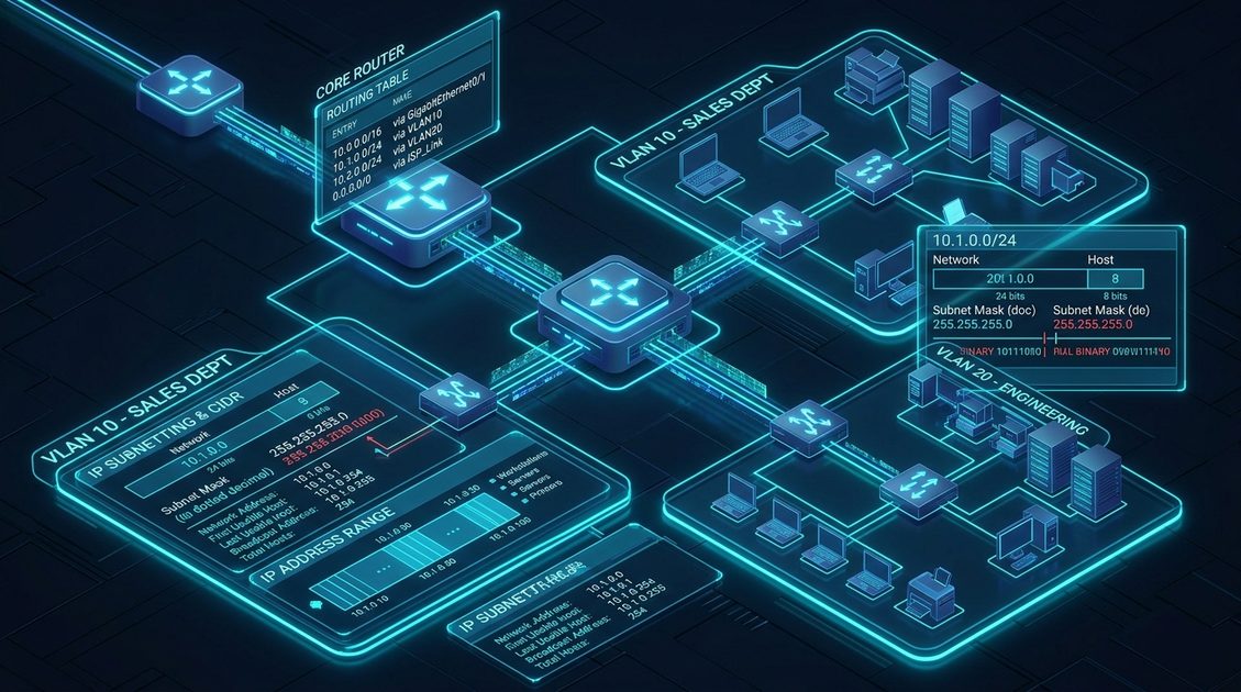 Isometric network architecture diagram showing IP Subnetting and CIDR block calculations